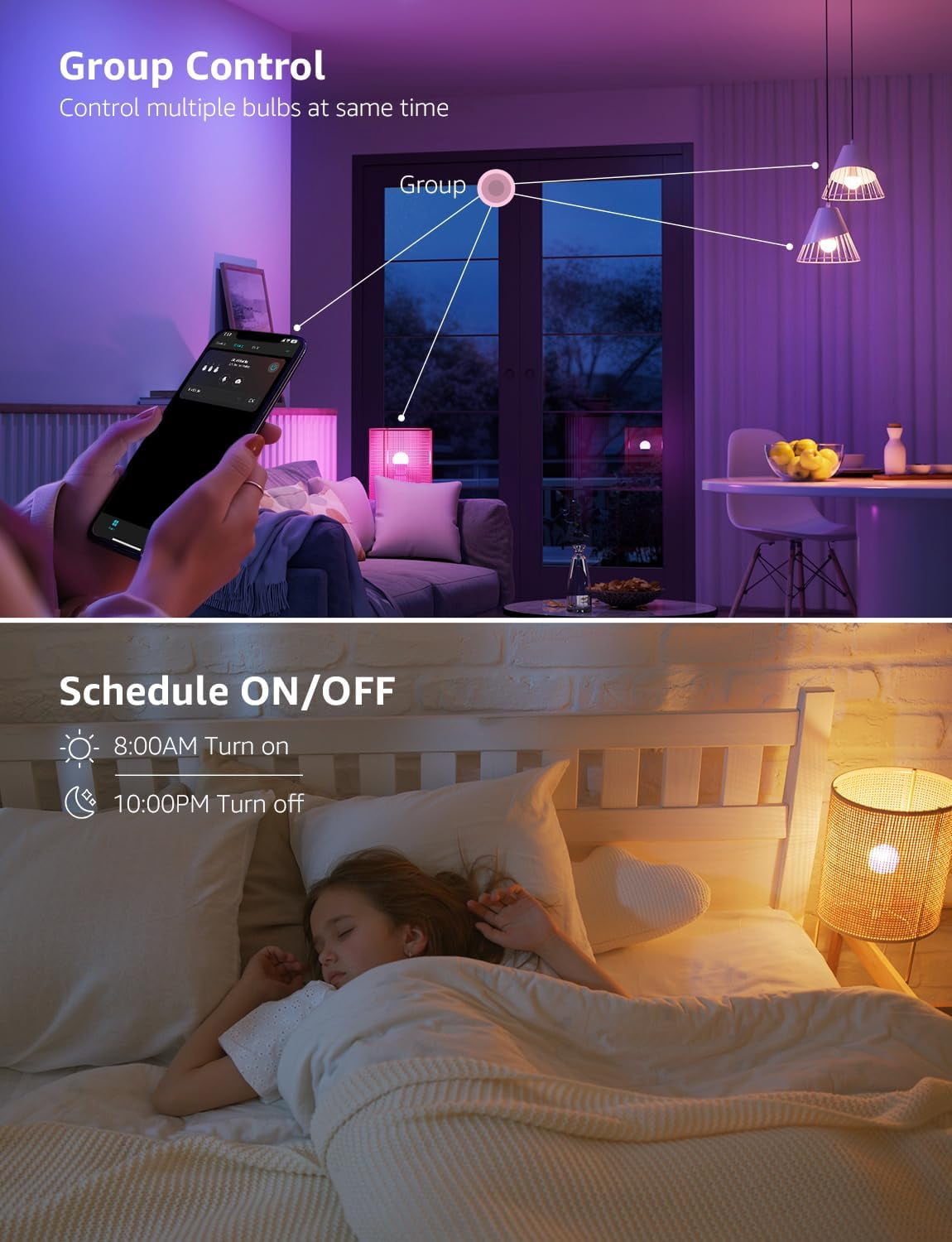 Lepro B2 AI LED Light Bulbs, 2-Pack RGBww Color Changing, 1100 Lumens, Voice Control, Music Sync, Wi-Fi and Bluetooth, Works with Alexa and Google