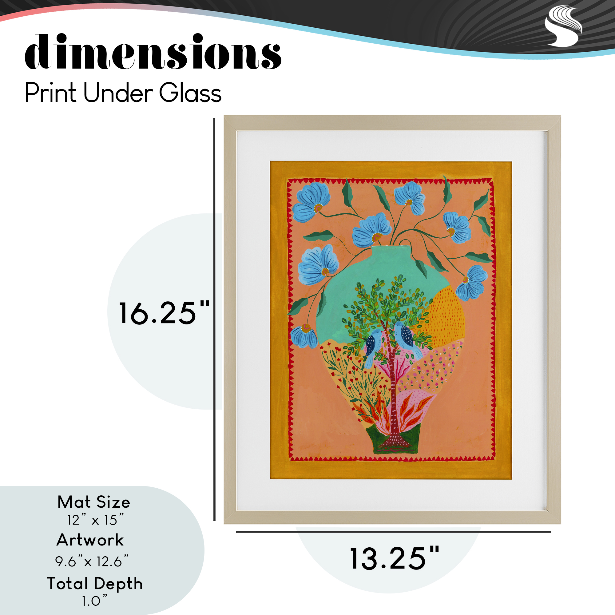 Bluebirds & Boho Flower Vase Birch Framed Print Under Glass, design by Nabeela Rumi