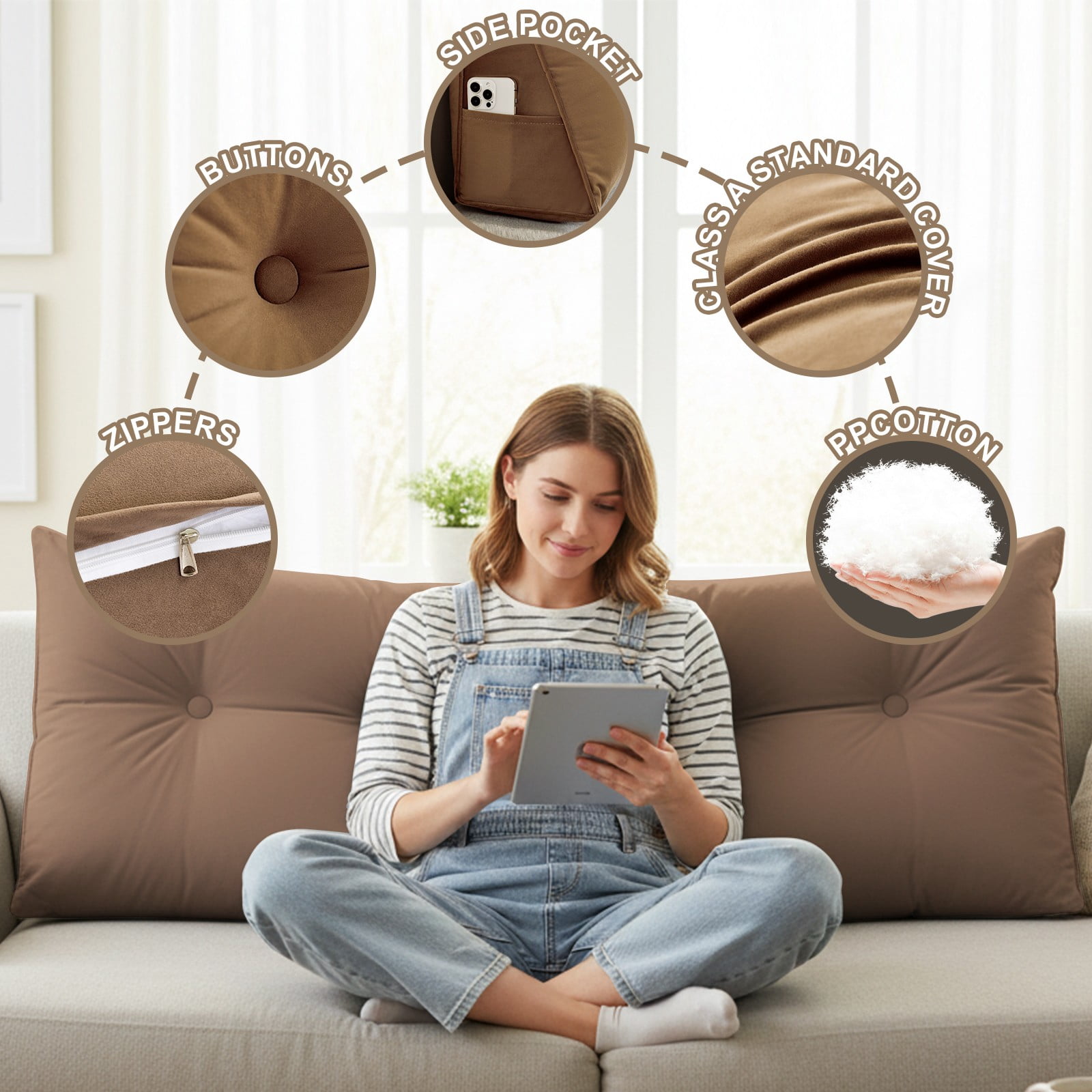 ANMINY Soft Fleece Headboard Pillow - High Elastic Pearl Cotton Filling, Removable Cover, Side Pocket, Ideal for Bed & Sofa Back Support
