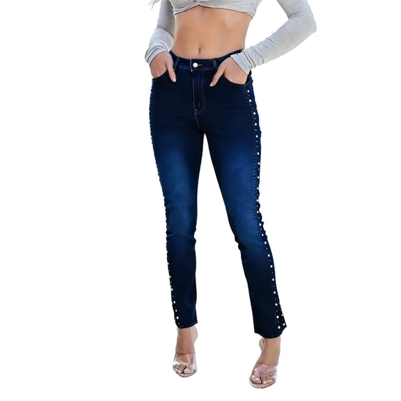 Women's High Waist Skinny Jeans with Pearl Studded Side Detail - Dark Blue Gradient Wash Denim, Frayed Hem, Stretchy Slim Fit Pants for Night Out, Party & Casual Daily Wear