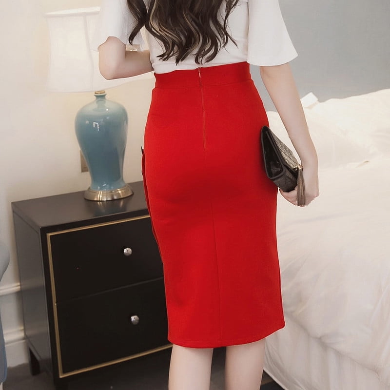 Dptalr Womens Pencil Skirt Ladies High Waisted Button Split Office Skirt Multiple Size Red