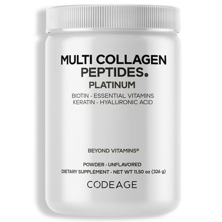 Codeage Multi Collagen Protein Powder Platinum, Biotin, Vitamin C, B, D3, Keratin, Hyaluronic Acid, 11.50 oz