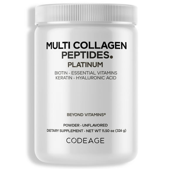 Codeage Multi Collagen Protein Powder Platinum, Biotin, Vitamin C, B, D3, Keratin, Hyaluronic Acid, 11.50 oz