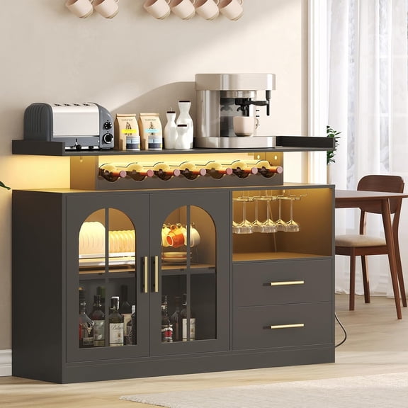Wine Bar Cabinet with LED Lights & Charging, Modern Liquor Cabinets with 2 Ample Storage Drawers, Wine and Glass Rack, Coffee Buffet Sideboard for Kitchen, Living Dining Room, Black
