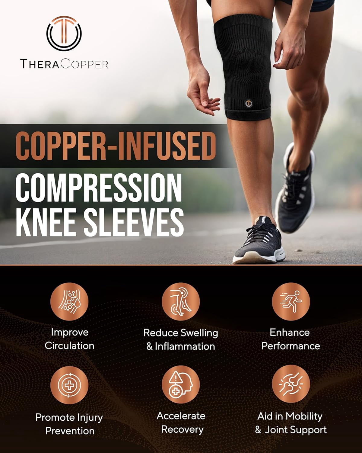 Copper Knee Br for Men & Women (2 Pack) — Non-Slip Compression Sleeve Arthritis, Knees Pain Relief, Swelling, Anti inflammatory and Recovery Support (Large)