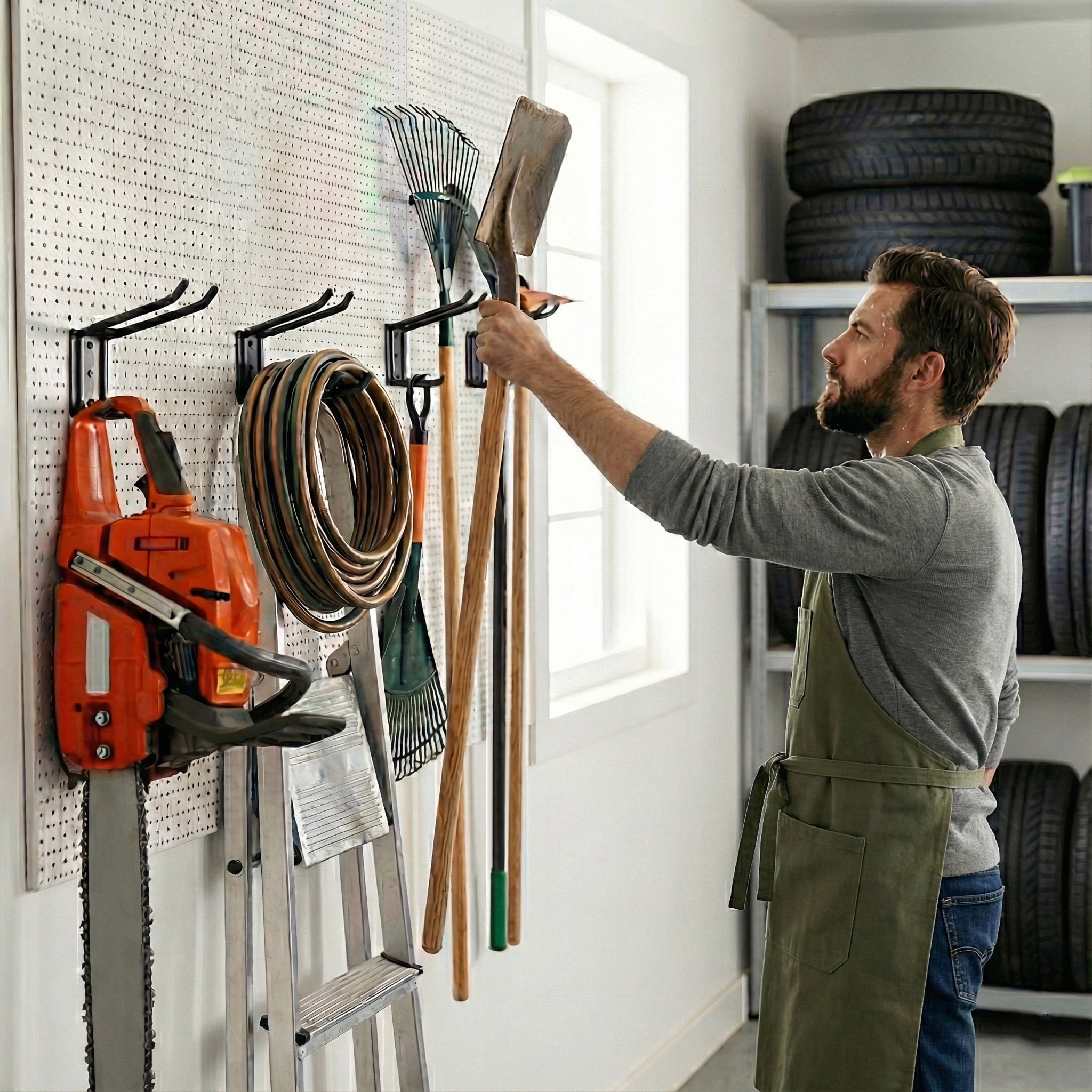 Wall Mount Garage Tool Organizer Storage Hook for Yard Shed, Garden Tool Holder Organizer Rack, Metal Garage Garden Tool Hanger for Lawn Organizer Holds Shovel,Rakes,Brooms,Hoses 4 Pack