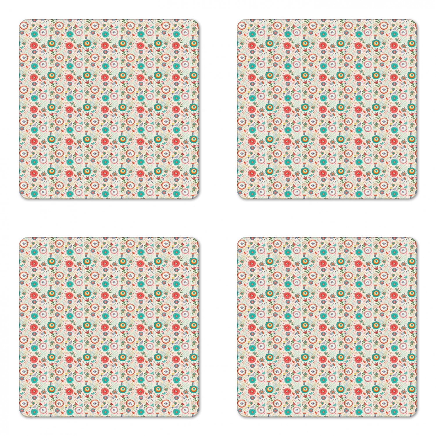 Floral Coaster Set of 4, Scandinavian Inspired Art Flowers Colorful ...