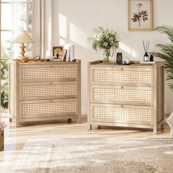 Holliwill 29.5"W Nightstand Set of 2 with Charging Station, 3 Drawers Dresser, Rattan Bedside Table Boho Bed Side Tables End Table with Type-C, USB Port for Bedroom, Natural Oak