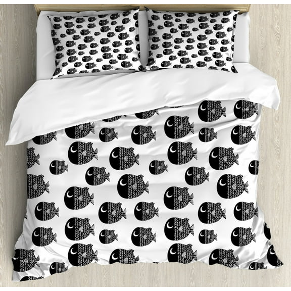 Fish Queen Size Duvet Cover Set, Cute Ornamental Fishes Marine Scandinavian Childish Baby Playroom Kids Caricature, Decorative 3 Piece Bedding Set with 2 Pillow Shams, Black White, by Ambesonne