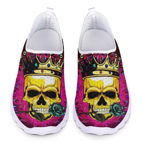 Zapatos planos casuales con estampado de calaveras góticas de colores para damas, zapatos de malla transpirables y cómodos, zapatillas nuevas para exteriores de verano y otoño