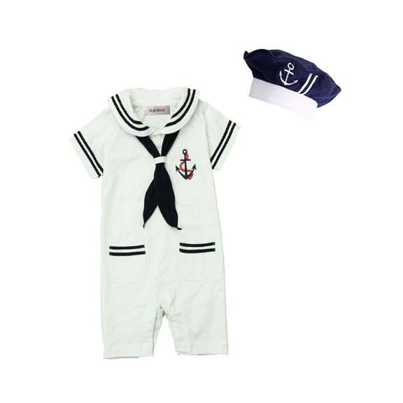 stylesilove Baby Boy Marine Sailor Costume Short Sleeve Romper Onesie With Hat 2 Pcs Set (White, 80/6-12 Months)