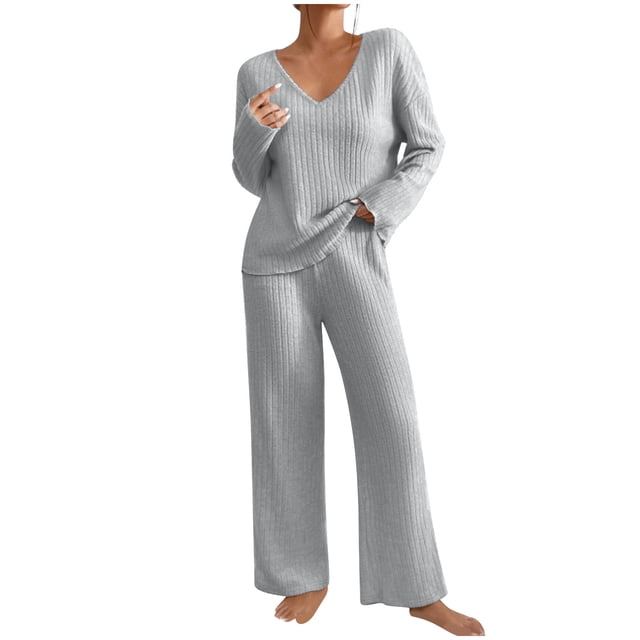 ShomPort Casual Set for Womens V-Neck Long Sleeve Ribbed Pullover Tops Wide Leg High Waisted Pants Solid Color Lightweight Outfits