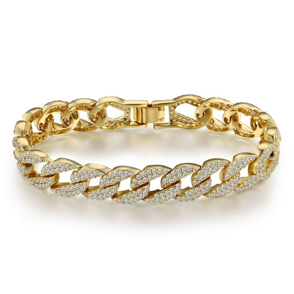 18K Gold Plated Cuban Link Bracelet Fold Over Clasp Bracelet Cubic Zirconia Iced Out Chain Wrist Hip Hop Jewelry Hypoallergenic for Women Men 8in