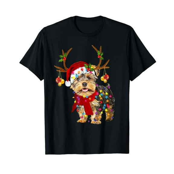 Yorkie Lovers Merry Christmas Yorkie Reindeer Color Lights T-Shirt Black Tee