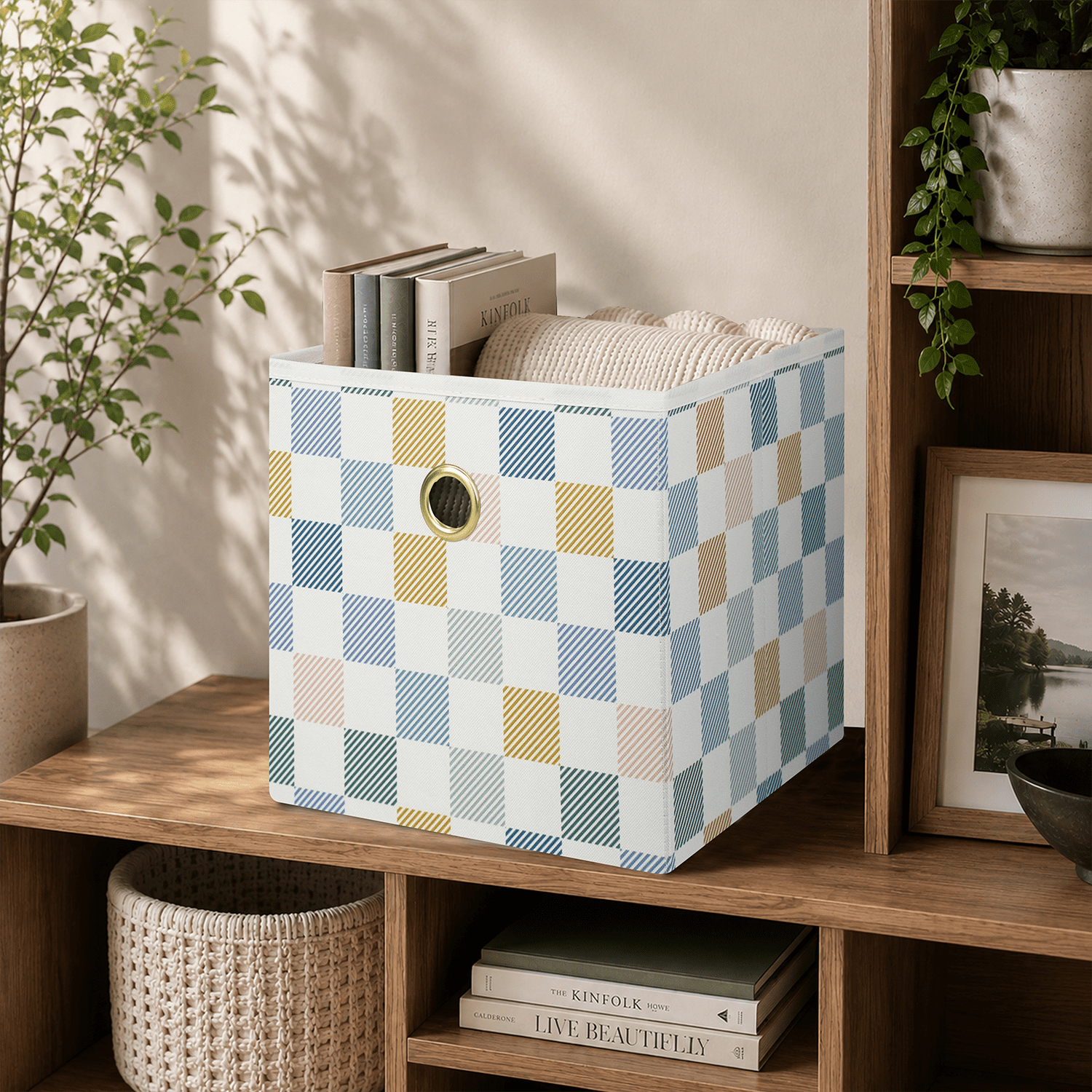 (2 pack) Mainstays Collapsible Fabric Cube Storage Bin, Multi Check, Closet Organizer with Metal Handle, 10.5 Inch