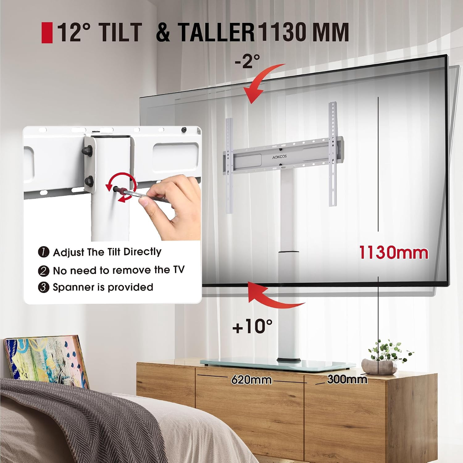 AOKCOS Tabletop TV Stand for 43–85 Inch TVs, White, Swivel & Tilt, Height Adjustable