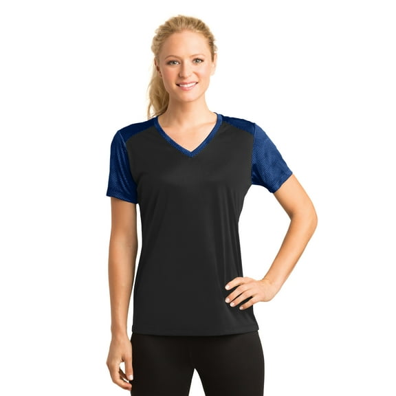 Sport-Tek Ladies CamoHex Colorblock V Neck Tee-XS (Black/ True Royal)