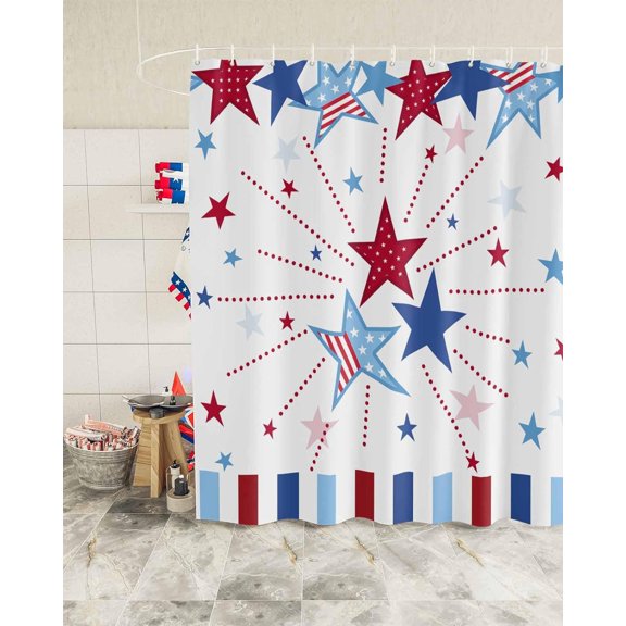 Independence Day Shower Curtain, Blue Red Shower Curtain Set with Hooks, Spring Summer Waterproof Fabric Shower Curtains for Bathroom Decor, 72x72 Inch Bath Curtain