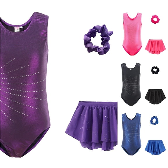 LIIPEE Glitter Graphic Outfit Sets For Girls Sleeveless Dance Gymnastics Leotard Shorts And Headband 3 Piece Set Kids Comfortable Performance Outfits,9-10 Years