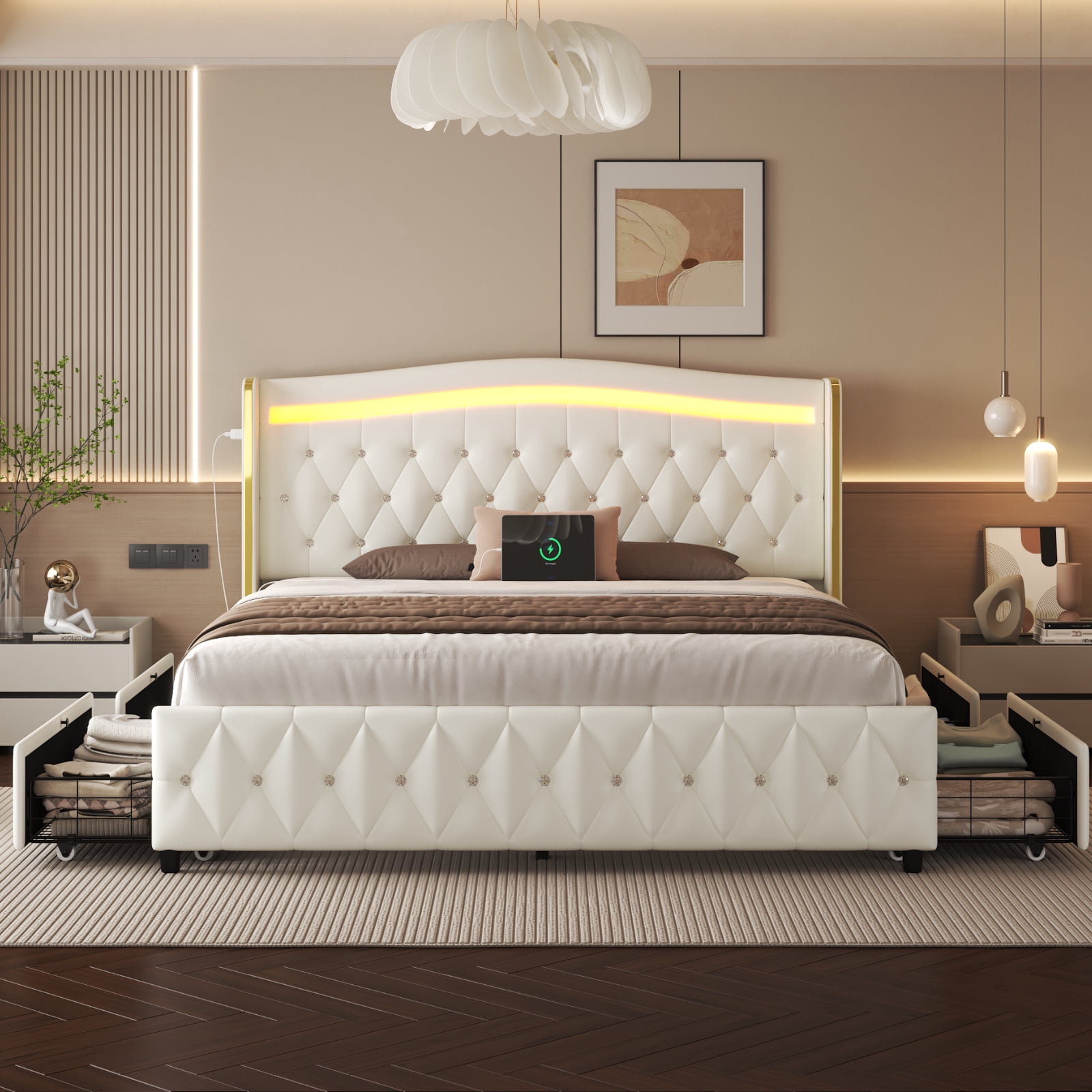 E-Motie Full Bed Frame with LED Lights & Charging Station, PU Leather Wingback Upholstered Platform Bed with 4 Storage Drawers, White