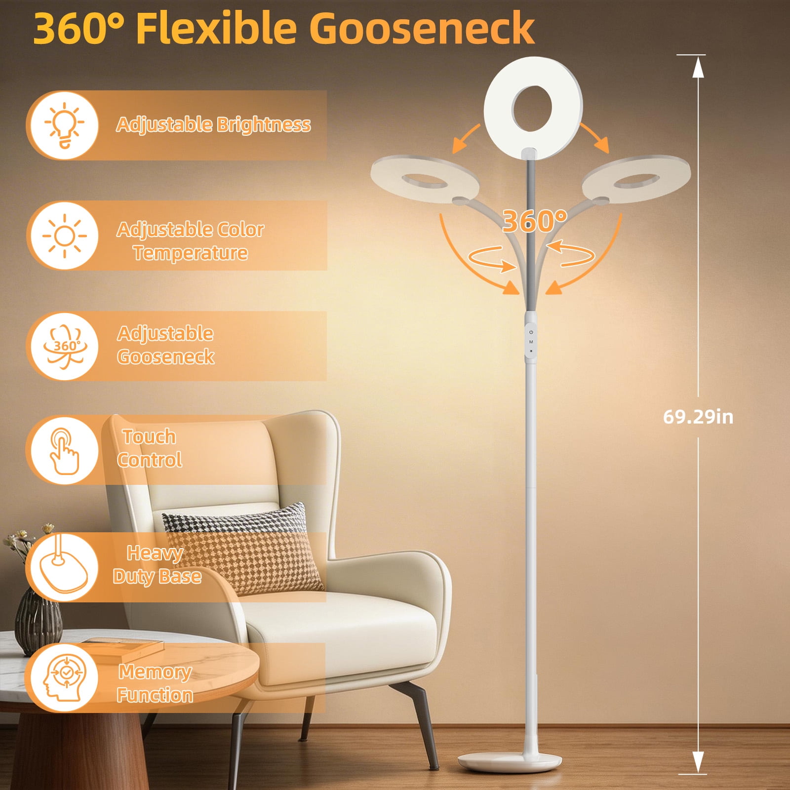 NATYSWAN Floor Lamps for Living Room,Super Bright Torchiere with Touch Control,70in Dimmable Gooseneck Tall Standing Lamp for Corner, Living Room, Bedroom, Reading, Office