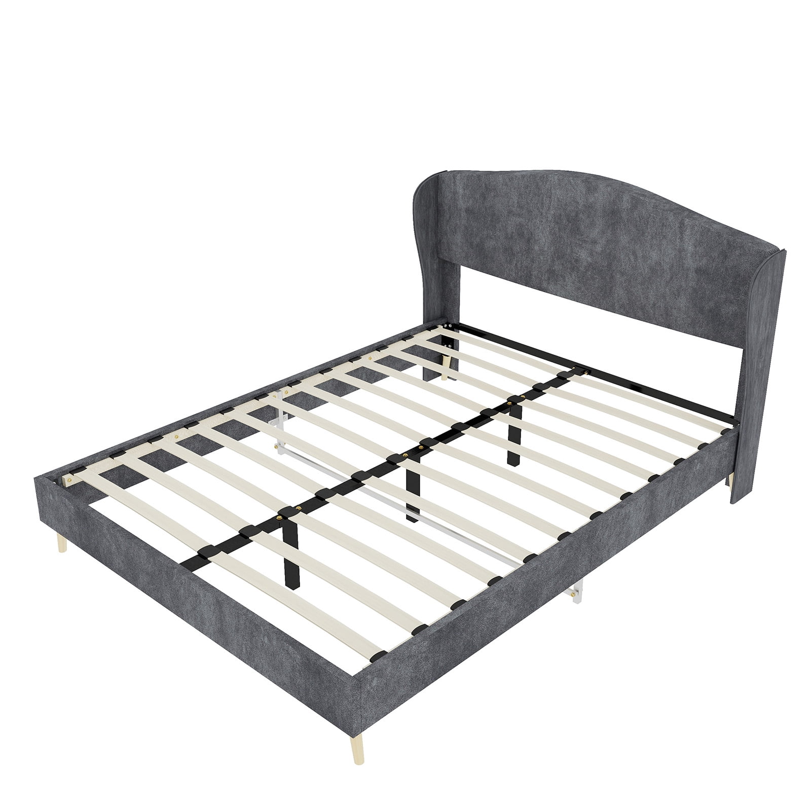 Alvantor Queen Size Upholstered Bed Frame with Padded Headboard, Holland Velvet Tufted Noise-Free & Durable Gray
