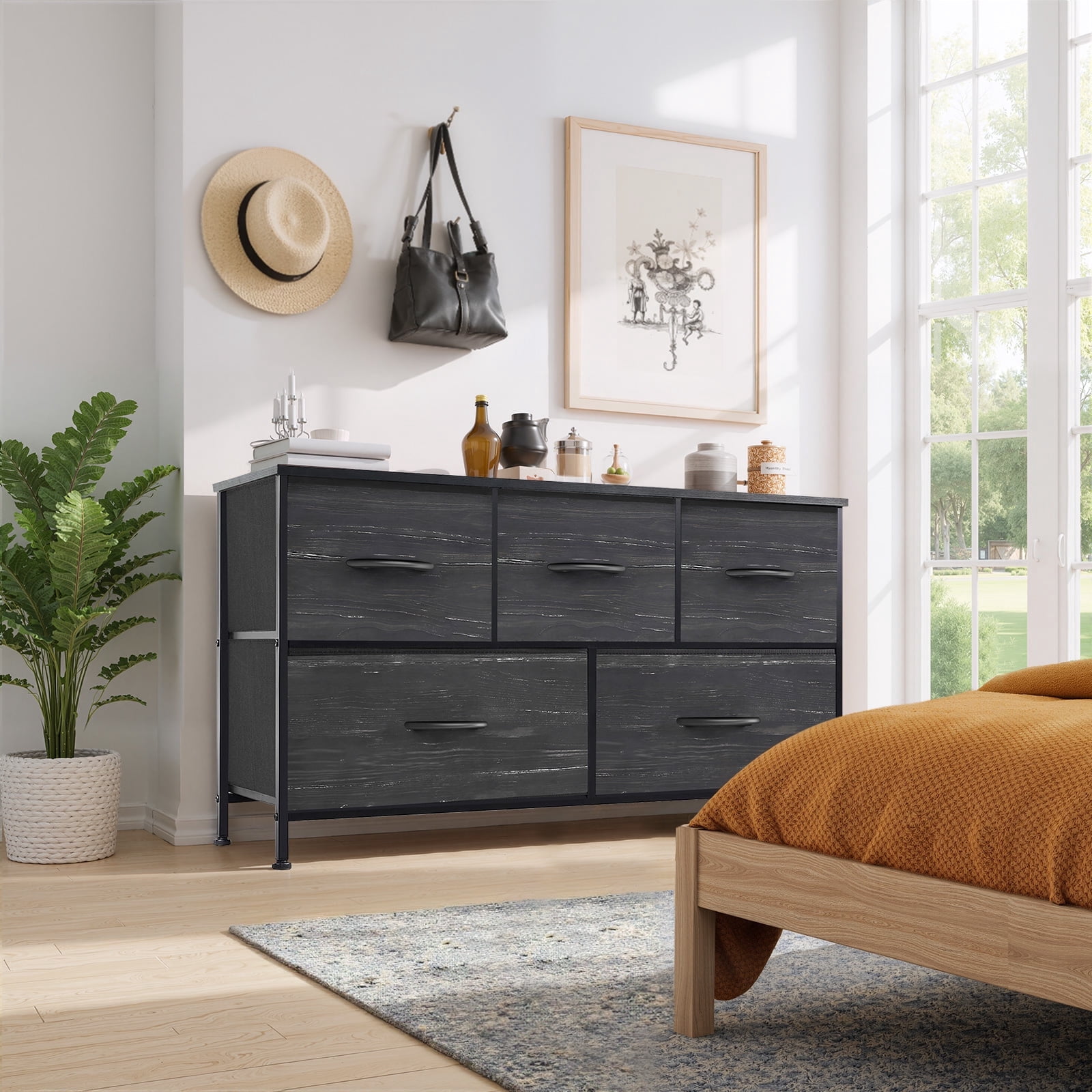 Dresser, Betcozy Storage Organizer with 5 Drawers for Bedroom, Chest of Drawers with Fabric Bins, Sturdy Metal Frame, Wood Tabletop, Black