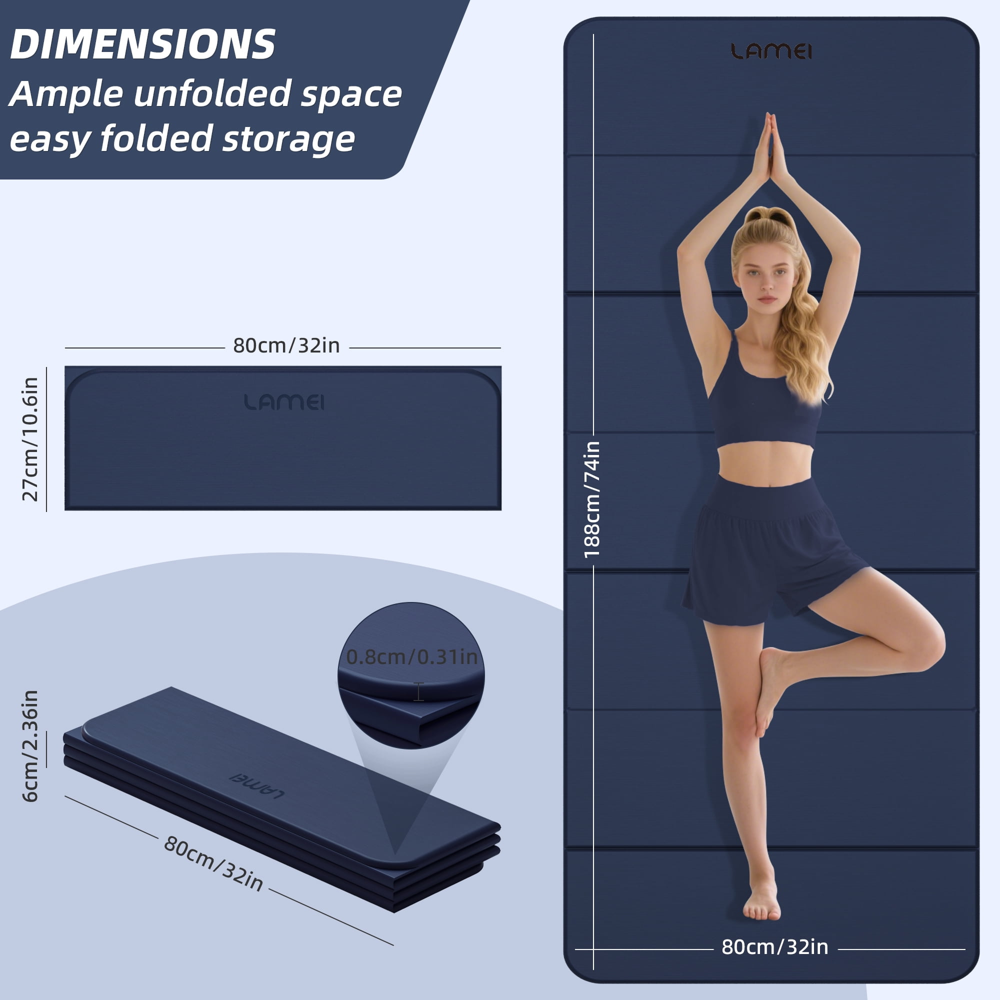 Lamei Foldable Yoga Mat, 31" Extra Wide Non-Slip Exercise Mats for Home Workout, 75" Long, 8mm Thick,Lightweight Travel, Quick Unfold/Fold, Flat Lay No Curl(Blue)