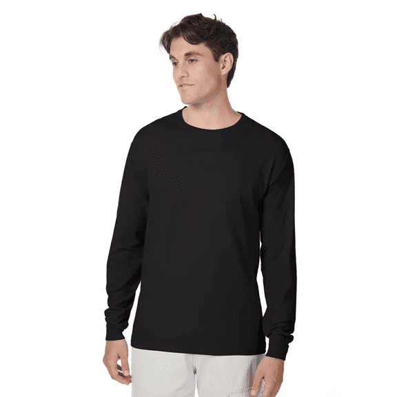 Hanes Beefy-T Long Sleeve Casual T-Shirt, Crewneck Everyday Casual Tee, Black, S