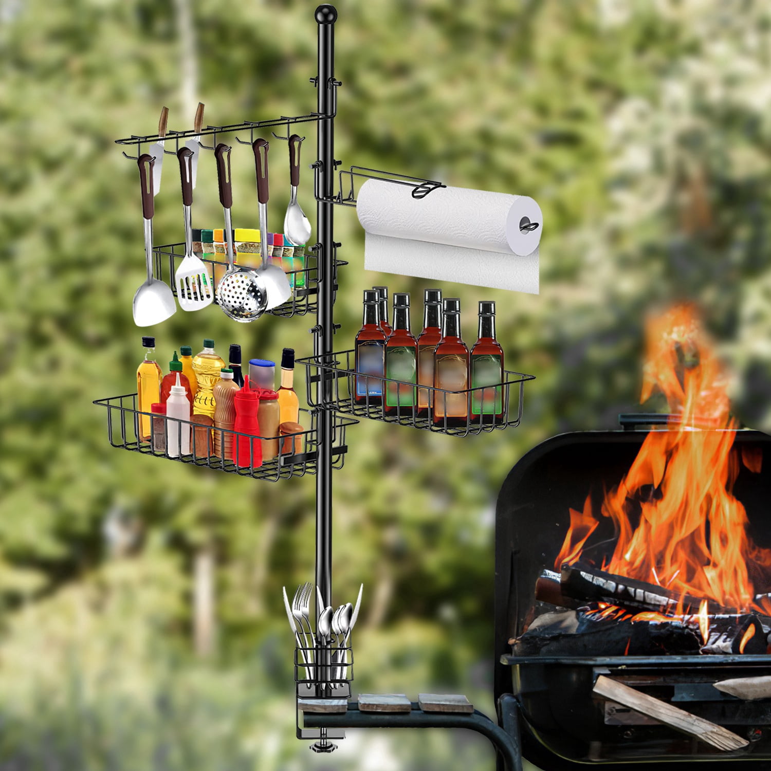 Upgraded BBQ Griddle Caddy Rack with Paper Towel Holder, Carbon Steel Grill Storage Organizer with S/M/L Baskets & 10 Hooks, Clamp on Design for Outdoor Grilling