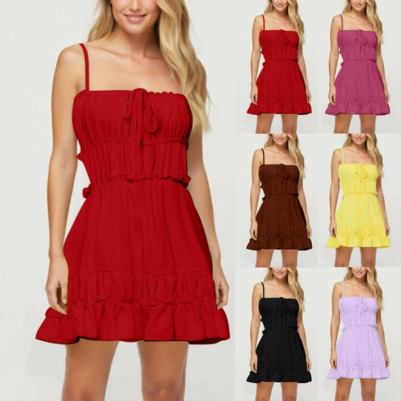 SMihono Women's 2025 Summer Square Neck A-Line Beach Dress - Boho Ruffle Spaghetti Strap Tiered Swing Vacation Party Dresses Pink M