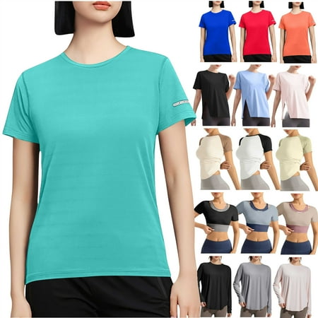 QATAINLAV Women s Compression Workout Top Stretch Athletic Crop Tops with Built in Bra Longline Padded Short Sleeve Crew Neck Cute Tee shirts White L Sales for Today on Walmart