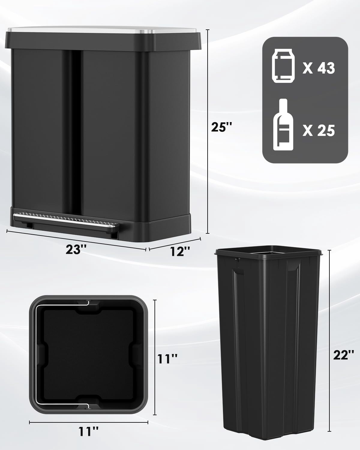 Pirecart 16 Gallon Dual Trash Can Rectangular Stainless Steel Pedal Recycle Bin, Black