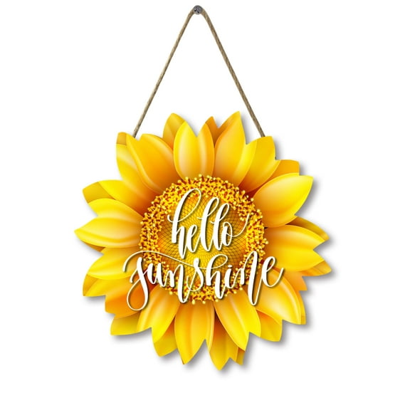Sunflower Hello Sunshine Wood Door Hanger 12 Inch Large Wooden Flower Sign Inspirational Wall Porch Art Summer Fall Front Door Wreath Hanging for Bedroom Living Room Indoor Outdoor Kitchen Home Decor