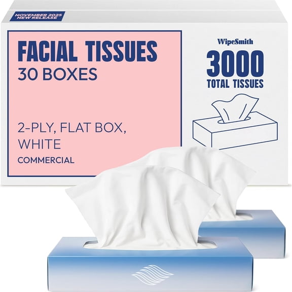 Bulk Tissues, 30 Flat Boxes, 100 Sheets/Box, 3000 Facial Tissues Total, 2-Ply, Soft, White, for Office, Business & Home, Commercial Box Hypoalleric, Unscented, Packaging May Vary
