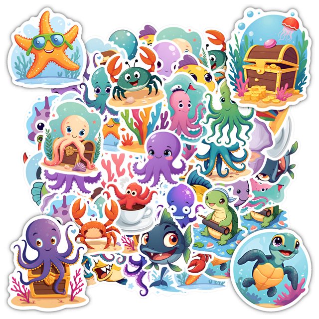 35pcs-50pcs Colorful Marine Stickers Cute Ocean Stickers Cheerful Cartoon Decals for Laptops Suitcases