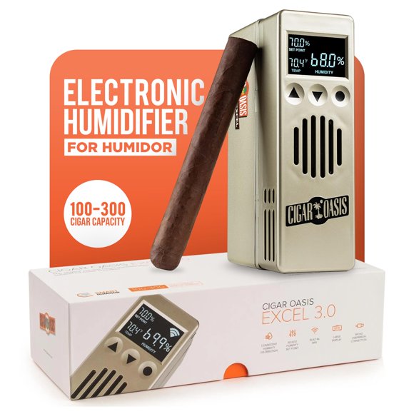 Cigar Oasis Excel 3.0 Humidificateur Cave à Cigares - Humidificateur Cave Électrique avec Écran LCD, Boutons Toucher Doux, Ventilateur à Capteur, 100-300 Cigares