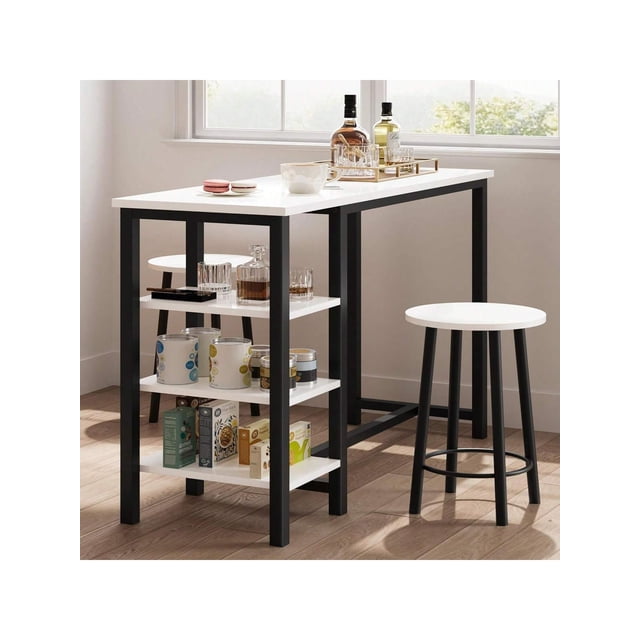 Ourlova Bar Table With 2 Stools Counter Height Table With 3 Storage Shelves 3 Piece Dining Table Set For Small Space Apartment Kitchen WhiteandBlack
