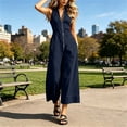 thumbnail image 6 of Women’s Sleeveless V Neck Jumpsuit Front Zip up Closure Side Pockets Loose Fit Wide Leg Cropped Pants One Piece Outfit for Daily Wear Navy, 6 of 6