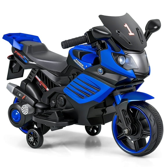 Costway 6V Kids Motorcycle with Music, Horn, Detachable Training Wheels & LED Headlights Navy