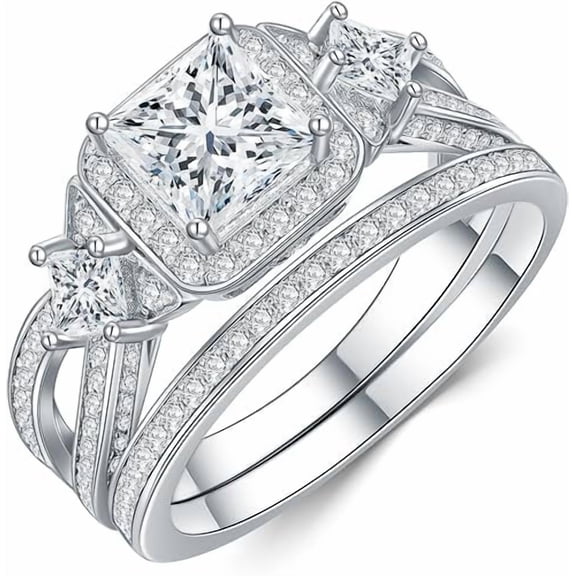 Dazzlingdaimonds Jewels 925 Sterling Silver 2.00 Ct Princess Cut White Diamond Wedding Valentine's Anniversary Christmas Bridal Ring Set 14K White Gold Plated For Women's -9.5