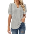 thumbnail image 2 of Sweet Home Farm V Neck T Shirts for Women Tops Puff Short Sleeve Shirt Pleated Floral Printed Tunic Blouse Short Sleeve Shirts for Women Grey, 2 of 9