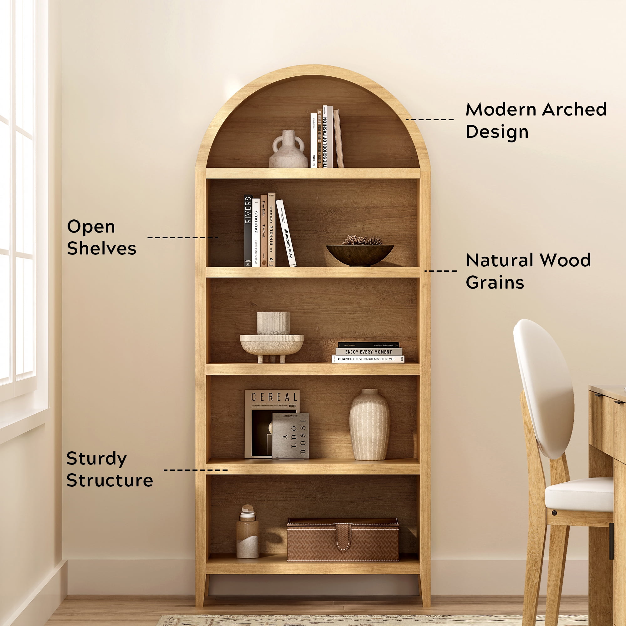 EYYTHUNG 5-Tier Arched Bookcase with Adjustable Shelves, 71" Tall