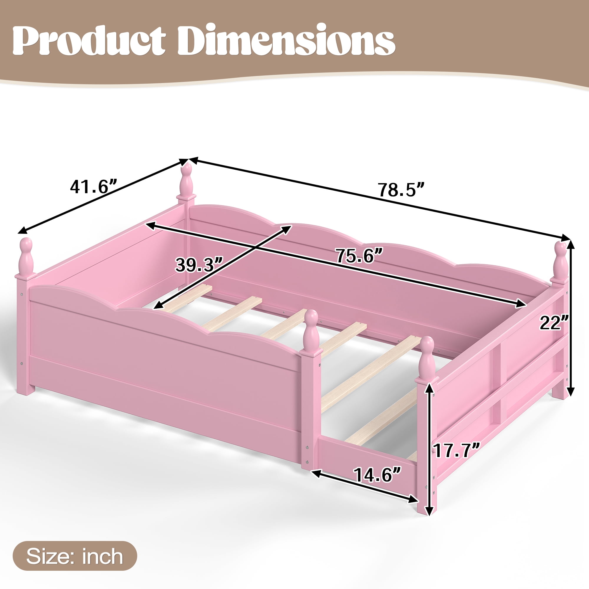 Montessori Twin Floor Bed with Full-Length Guardrails and Bookshelf, Low Profile Kids Bed with Childlike Design, Pink