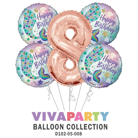 Happy Birthday Mermaid Round Balloon Bouquet 5 pc, 8th Birthday, Rose Gold Number 8 Jumbo Balloon | Viva Party Balloon Collection