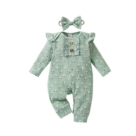 

jaweiw Newborn Girl Romper Outfits Long Sleeve Floral Printed Ruffles Decor O-Neck Overalls + Bow-Knot Headband Set Size 0 6 12 18 24 M