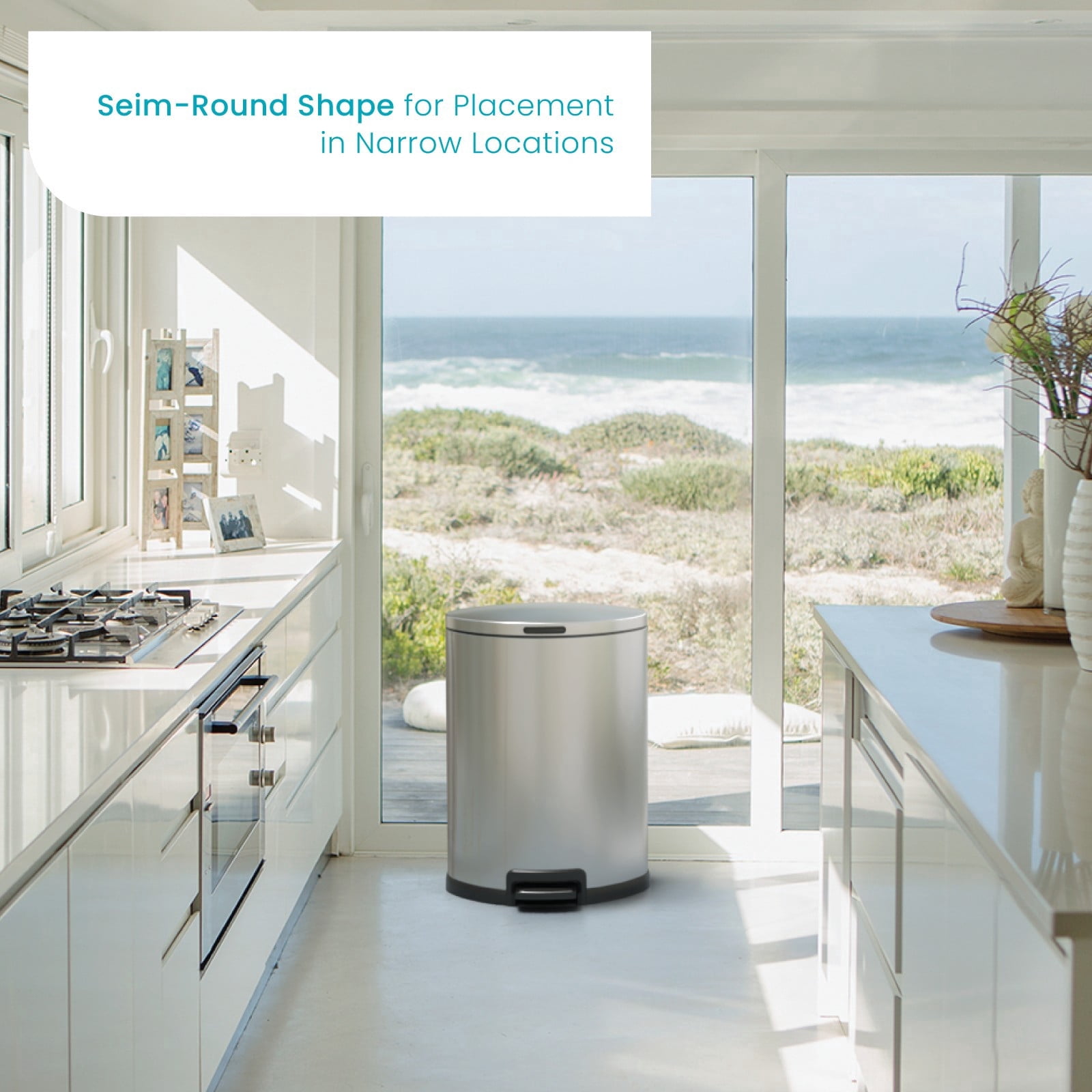 Home Zone Living 12 Gallon Semi-Round Stainless Steel Kitchen Trash Can with Step Pedal and Soft Close Lid, Silver