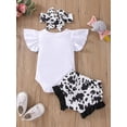 thumbnail image 3 of Infant Baby Girls Fly Sleeve Letter Printed Romper Tops+Printed Ruffled Shorts+Headband, 3 of 9