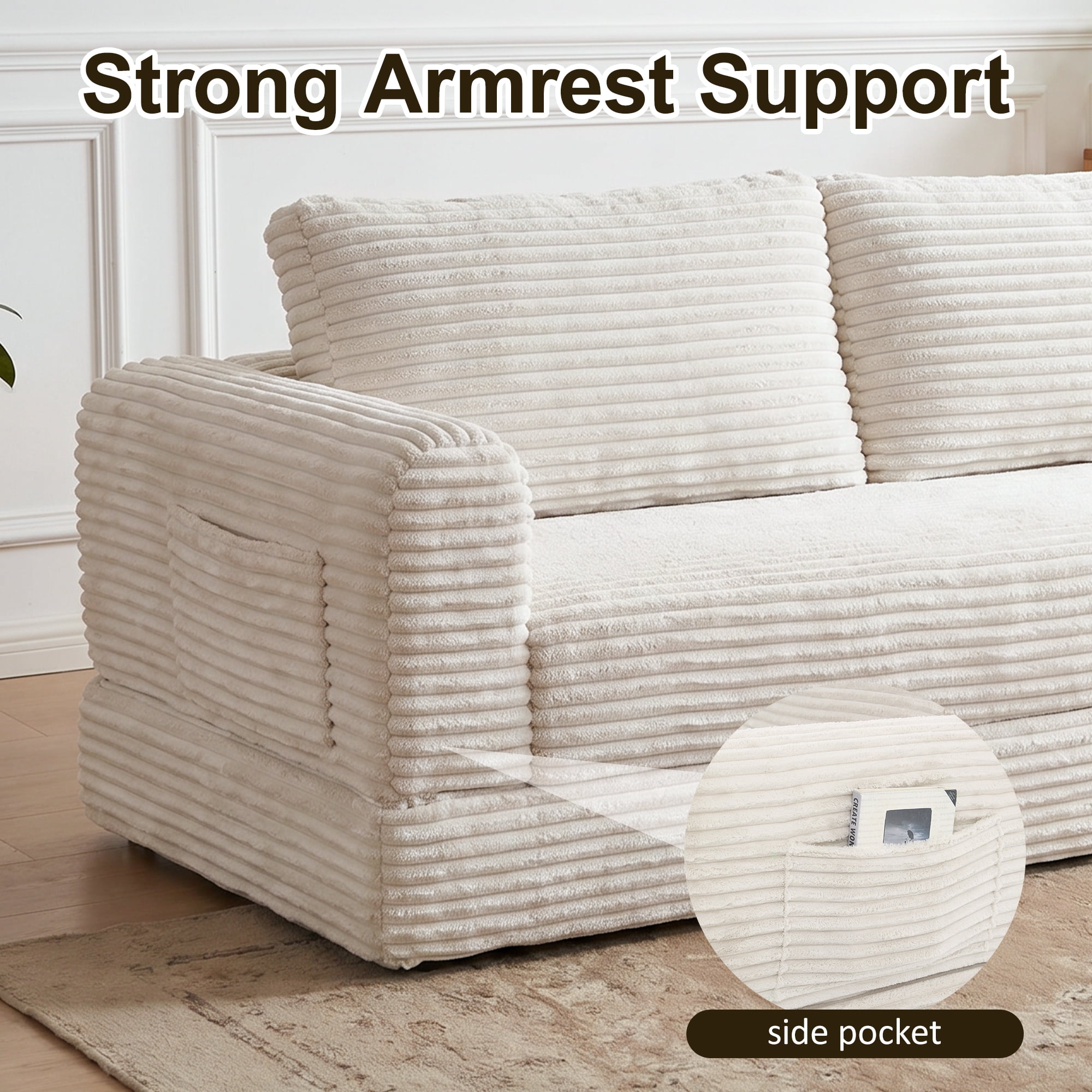 76" Convertible Futon Sofa Bed,Folding Boneless Floor Couch with Deep Seat,Cloud Corduroy Fold Out Sleeper Sofa with Memory Foam Cushion for Living Room,Bedroom,White