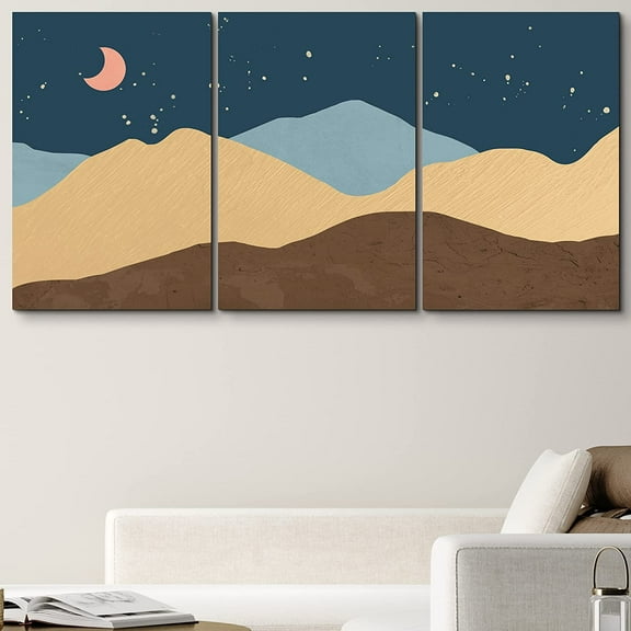 PixonSign Canvas Print Wall Art Tan, Blue & Brown Color Block Mountain Ranges Nature Wilderness Digital Art Modern Art Southwest Landscape Multicolor Boho Decor for Living Room, Bedroom - 24"x36"x3